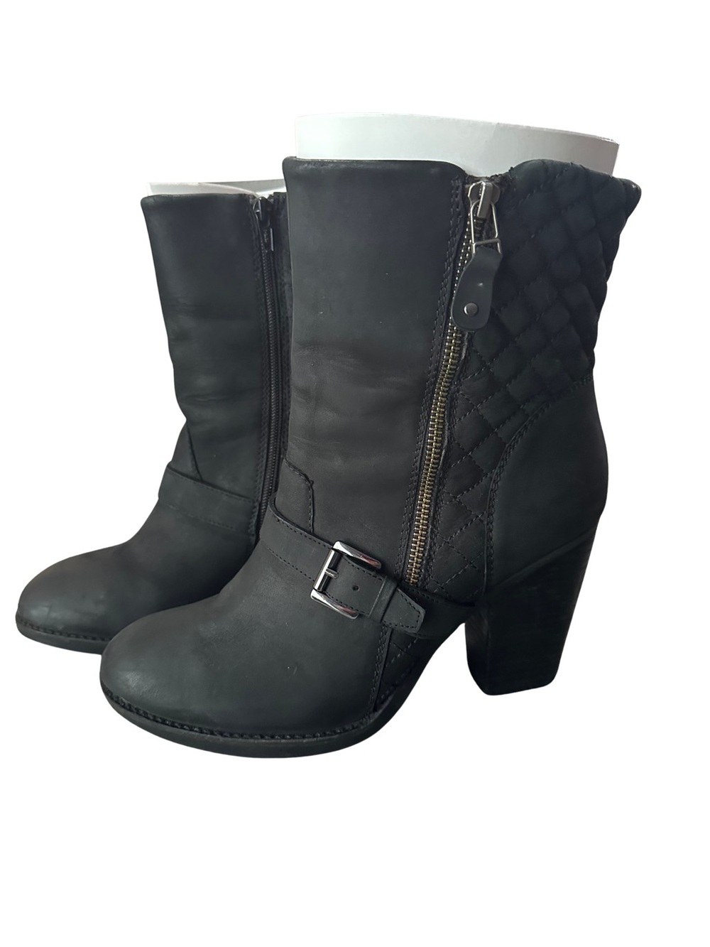 Blondo Waterproof Black Leather Moto Boots Nina Quilted Buckle Block Heel Sz 11